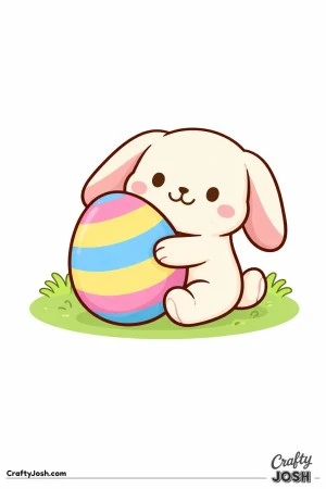 A cute lop-eared bunny is sitting on the grass while hugging a big striped Easter egg