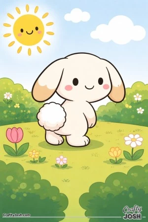 A cute lop-eared bunny is standing outside showing its big round fluffy tail, with a smiling sun, clouds, grass, bushes, and simple flowers around it