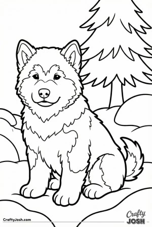 Malamute puppy sitting in snow