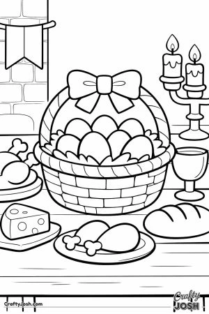 An Easter basket filled with eggs sits on a medieval feast table with bread, cheese, roast chicken, a goblet, candles, and a wall banner in the ..