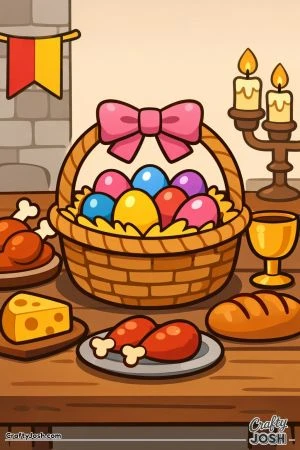 An Easter basket filled with eggs sits on a medieval feast table with bread, cheese, roast chicken, a goblet, candles, and a wall banner in the ..