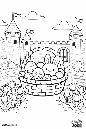 A smiling bunny sits inside an Easter basket filled with decorated eggs and a carrot, placed in a castle courtyard with stone towers, flags, tulips, ..