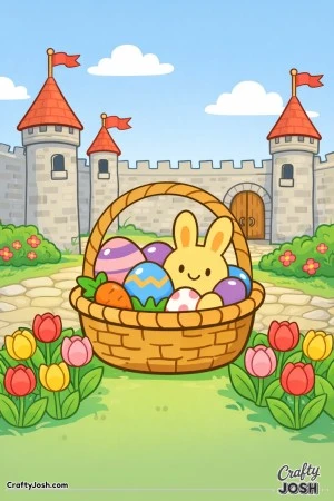 A smiling bunny sits inside an Easter basket filled with decorated eggs and a carrot, placed in a castle courtyard with stone towers, flags, tulips, ..