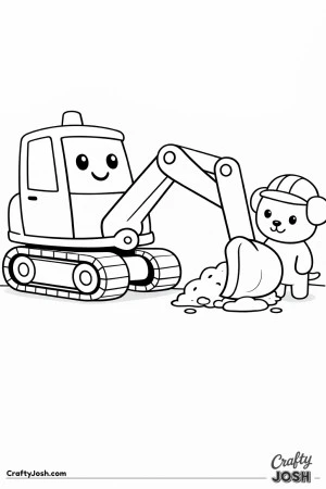 This simple digger features a thick arm, large bucket, and wide track base with a rounded puppy construction helper standing beside it designed for ..