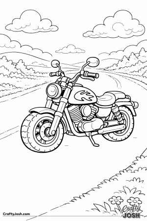 A small chibi-style motorcycle is parked on a quiet open road with gentle hills and clouds in the background.