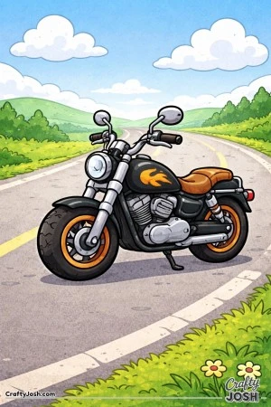A small chibi-style motorcycle is parked on a quiet open road with gentle hills and clouds in the background.