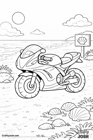 Cute chibi-style sport bike parked on a beach path with waves, shells, and a beach sign in the background.