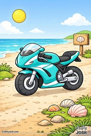 Cute chibi-style sport bike parked on a beach path with waves, shells, and a beach sign in the background.