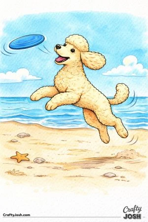 Miniature poodle at beach with frisbee