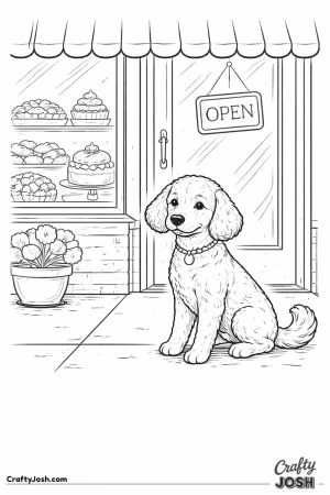 Miniature poodle outside bakery