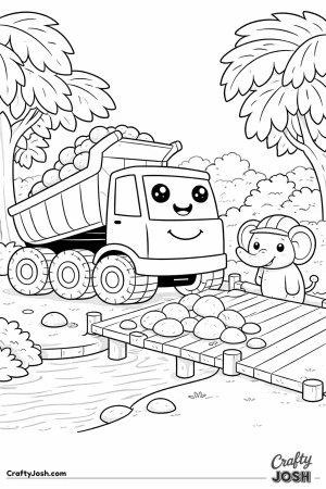 This dump truck features a slightly lifted bed and chunky wheels as it helps build a simple wooden bridge in a jungle setting with an elephant ..