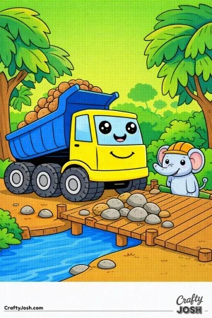 This dump truck features a slightly lifted bed and chunky wheels as it helps build a simple wooden bridge in a jungle setting with an elephant ..