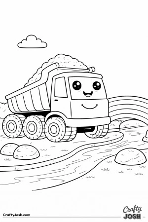 This dump truck features a slightly lifted bed and oversized rounded wheels as it delivers materials to help build a simple bridge over a river.