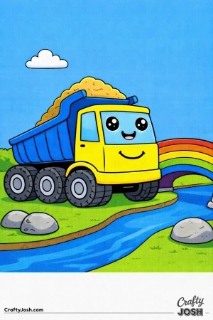 This dump truck features a slightly lifted bed and oversized rounded wheels as it delivers materials to help build a simple bridge over a river.