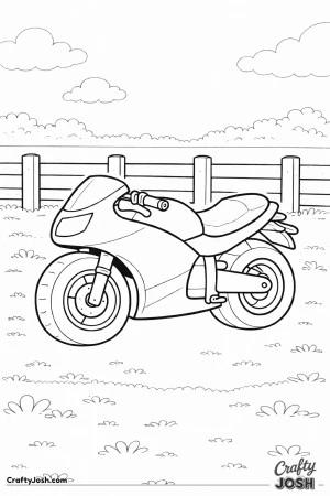 Chunky motorcycle parked beside a short fence with grass and clouds in the background.