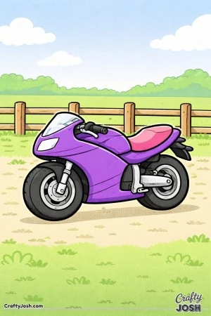 Chunky motorcycle parked beside a short fence with grass and clouds in the background.