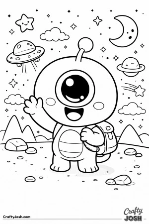 A cute one-eyed alien with a tiny backpack stands on a small rocky ground and waves happily, surrounded by simple space elements like stars and ..