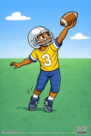 A young football player stretches out one hand to secure a catch while keeping his eyes focused on the ball