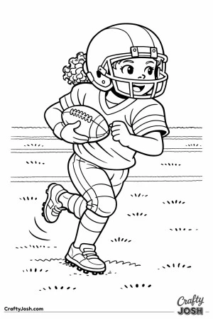 A young football player sprints across the field while carrying the ball securely in one arm, showing excitement and determination as she runs