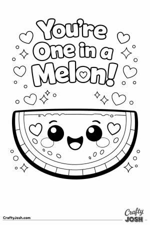 This adorable “You’re One in a Melon!” Valentine’s Day coloring page features a smiling watermelon slice with heart-shaped seeds.