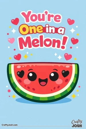 This adorable “You’re One in a Melon!” Valentine’s Day coloring page features a smiling watermelon slice with heart-shaped seeds.