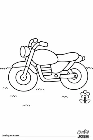 Motorcycle coloring page showing a chunky orange bike sitting in a yard with grass and a single flower
