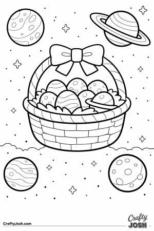 An Easter basket with a bow floats in outer space, filled with planet-shaped eggs and surrounded by stars and round planets