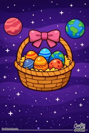 An Easter basket with a bow floats in outer space, filled with planet-shaped eggs and surrounded by stars and round planets