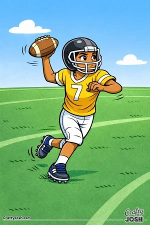 A young quarterback throws the football while moving forward and focusing on the passing lane ahead