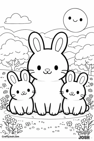 This black-and-white coloring page shows a large bunny sitting with two smaller baby bunnies in a grassy field with trees, flowers, clouds, and a ..