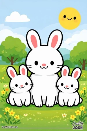 This black-and-white coloring page shows a large bunny sitting with two smaller baby bunnies in a grassy field with trees, flowers, clouds, and a ..