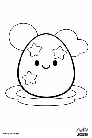 A smiling egg with three big star shapes sits on a simple grassy patch, with a sun and a cloud in the background