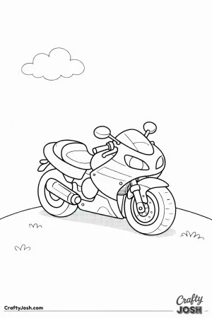 Chunky pink motorcycle parked on a small hill with a cloud overhead with large, easy-to-color shapes
