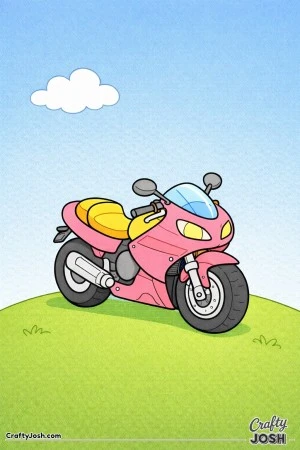 Chunky pink motorcycle parked on a small hill with a cloud overhead with large, easy-to-color shapes