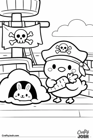 A cute chick wearing a pirate hat holds a carrot while standing beside a bunny peeking out of a burrow on a pirate ship deck with the ocean and a ..
