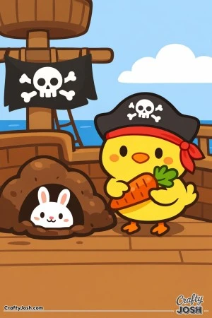 A cute chick wearing a pirate hat holds a carrot while standing beside a bunny peeking out of a burrow on a pirate ship deck with the ocean and a ..