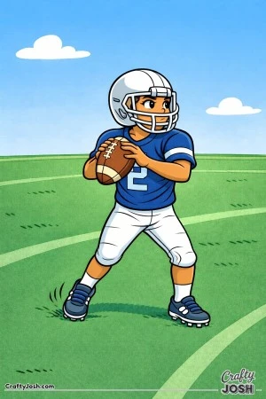 A young quarterback holds the football after a play-action fake while turning his head downfield to prepare a pass