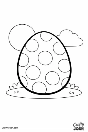 A large Easter egg with big polka dots sits on a simple patch of grass with a sun and one cloud in the background