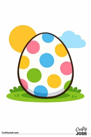 A large Easter egg with big polka dots sits on a simple patch of grass with a sun and one cloud in the background