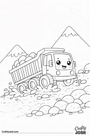 This coloring page shows a powerful dump truck with chunky wheels climbing a rocky mountain path with large rounded rocks in its raised bed