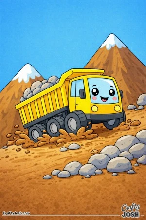 This coloring page shows a powerful dump truck with chunky wheels climbing a rocky mountain path with large rounded rocks in its raised bed