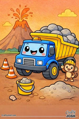 This dump truck coloring page features a powerful modern truck unloading large rocks near a simple volcano with a monkey construction helper and ..