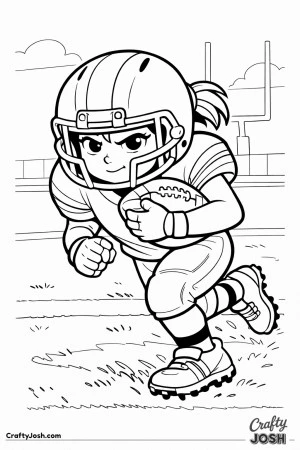 A young football player drives forward near the goal line with the ball secured tightly as she pushes toward the end zone