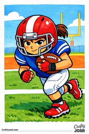 A young football player drives forward near the goal line with the ball secured tightly as she pushes toward the end zone