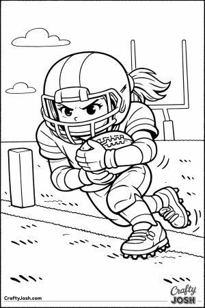 A young football player drives forward near the goal line while holding the ball tightly and pushing toward the end zone