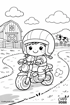 Cheerful young girl riding a small motorcycle along a quiet farm lane with a barn, fence, and cow in the background.