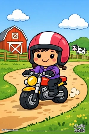 Cheerful young girl riding a small motorcycle along a quiet farm lane with a barn, fence, and cow in the background.