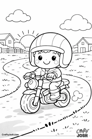Happy young boy riding a small motorcycle along a quiet neighborhood path with houses and a rising sun.