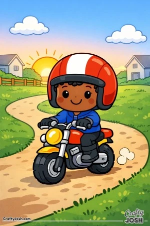 Happy young boy riding a small motorcycle along a quiet neighborhood path with houses and a rising sun.