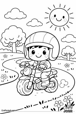 Happy young child riding a chunky motorcycle along a gentle park path with trees, clouds, and a smiling sun.